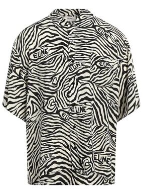 Celine Black & White Zebra Print Logo Button Shirt
